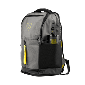 Gray padel backpack with black accents and yellow details on a white background