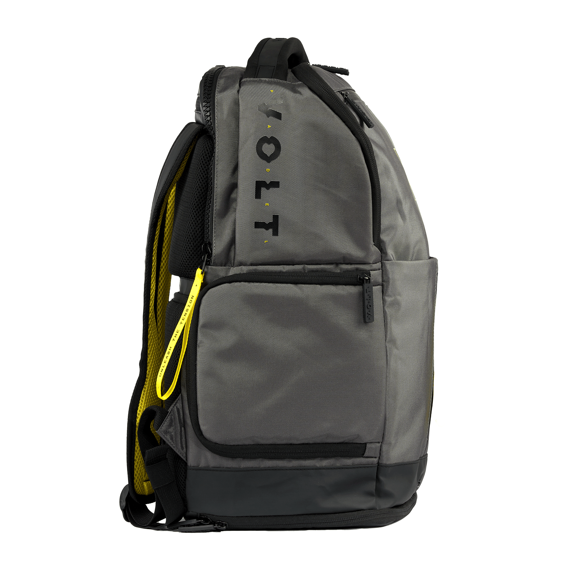 Grey padel backpack with black straps and yellow accents on a white background